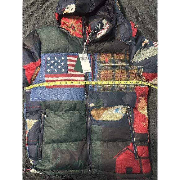 SMALL Ralph Lauren Polo Country Jacket Mens Multi Hooded Puffer Patchwork Flag - Picture 5 of 8